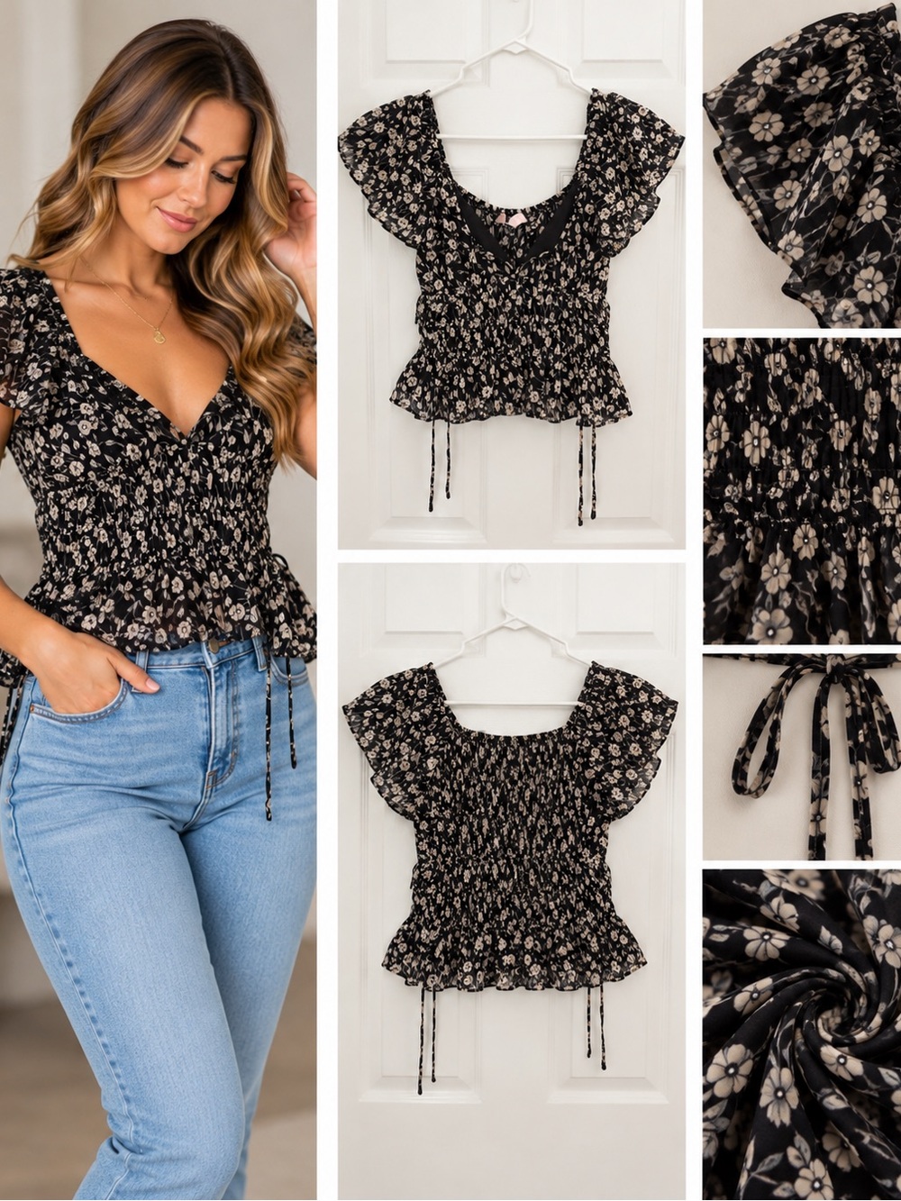 Black Floral Smocked Peplum Blouse with Flutter Sleeves